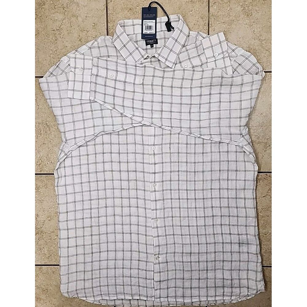 NWT $228 Faherty Reserve Men's XXL White Brown Check 100% Linen Long Sleeve